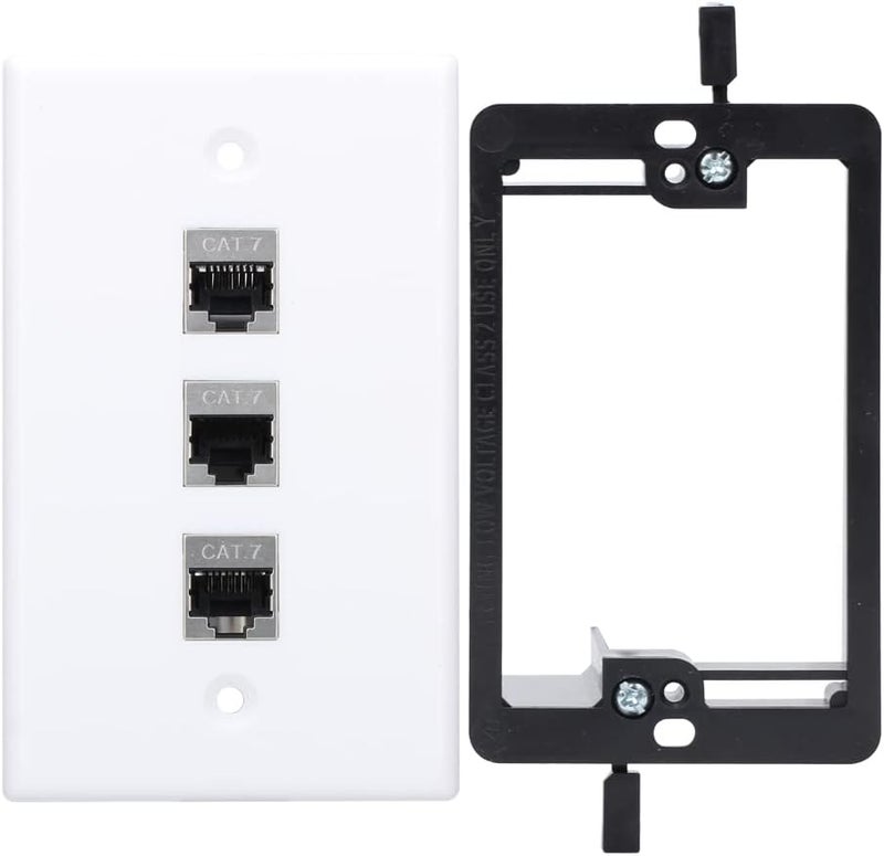 YOEMELY RJ45 Wall Plate 3 Port, 1 Gang Cat7 Keystone Wall Plate with Female to Female Coupler and Wall Plate Bracket for Ethernet Cable System (White, 1 Pack) - Image 1
